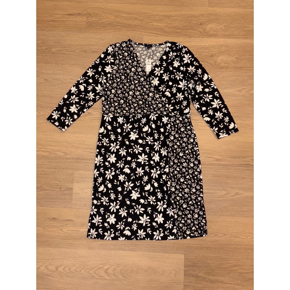 Talbots Black & White Floral Wrap-Style Midi Dress